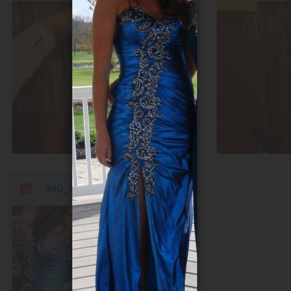 Dramatic metallic teal blue evening gown by Flirt for Maggie Sottero, size 6. Fe